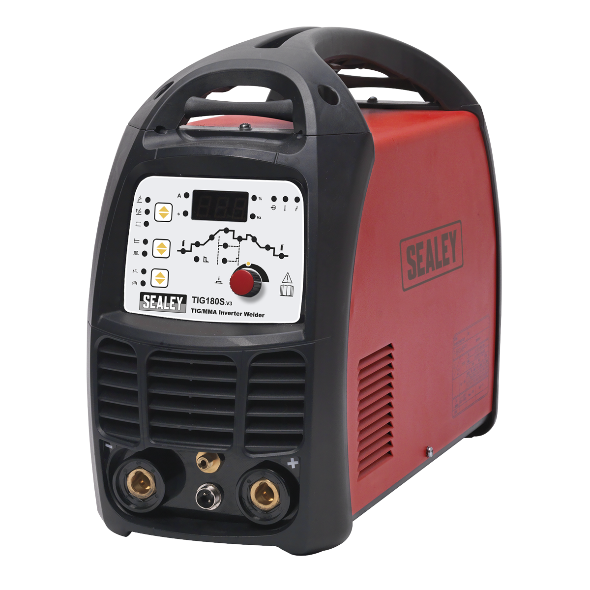 A red and black Sealey TIG180S inverter welder machine, perfect for both TIG and MMA welding, displaying various control buttons and indicators on its front panel.