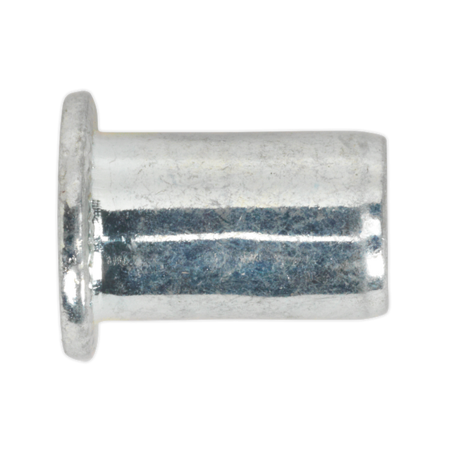A shiny, cylindrical metallic connector with a flared end, commonly used in piping or fastening applications, often featuring threaded inserts and a zinc-plated finish is the Sealey Threaded Insert (Rivet Nut) M4 Regular Pack of 50 - TIRM4.