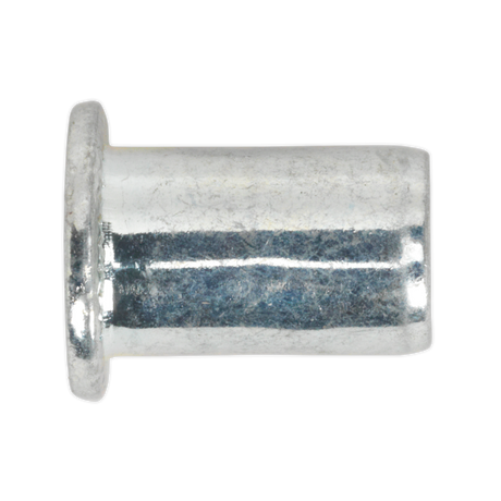 Close-up image of a Sealey Threaded Insert (Rivet Nut) M8 with a flanged head on one end, zinc plated for durability, against a white background.