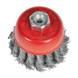 The Sealey Twist Knot Wire Cup Brush Ø65mm M10 x 1.25mm - TKCB652, featuring twisted steel filaments and a central hexagonal nut fastening, is ideal for power tools and excels in heavy rust removal, surface preparation, and cleaning tasks.