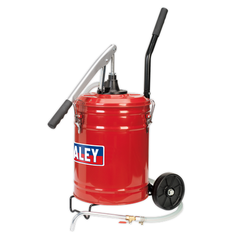 A red manual grease pump, labeled with "Sealey," featuring a handle, hose, and two heavy-duty wheels, ideal for dispensing gear oil. The product is the Gear Oil Dispensing Unit 20L Mobile - TP17.