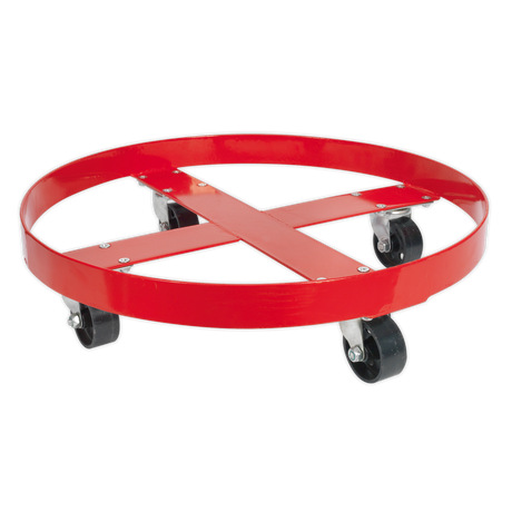 The Sealey Drum Dolly 205L - TP205 is a red, circular dolly featuring a crossed metal frame and four black metal castors, perfect for transporting 205L drums.