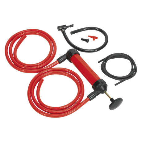 Introducing the Sealey Multipurpose Syphon & Pump Kit - TP50, a red and black manual siphon pump kit complete with hoses and additional attachments, ideal for syphoning fluids or oil extraction.