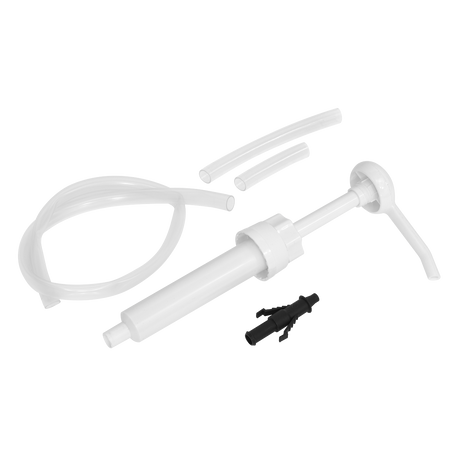 The Sealey Container Hand Pump 5L - TP5000, featuring a white hand pump with an attached flexible tube, additional tube segments, and a small black connector piece, is shown against a white background—making it ideal for dispensing viscous products from 5L containers.