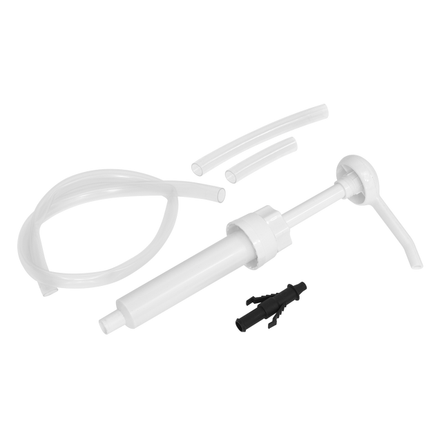 The Sealey Container Hand Pump 5L - TP5000, featuring a white hand pump with an attached flexible tube, additional tube segments, and a small black connector piece, is shown against a white background—making it ideal for dispensing viscous products from 5L containers.