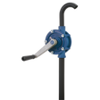 Image of the Sealey TP57 Rotary Pump Heavy-Duty - AdBlue®, featuring a blue Polypropylene body, a black curved spout, and a metal handle. The pump, ideal for AdBlue transfer, is mounted on a vertical black pipe and equipped with a 2" BSP connector.
