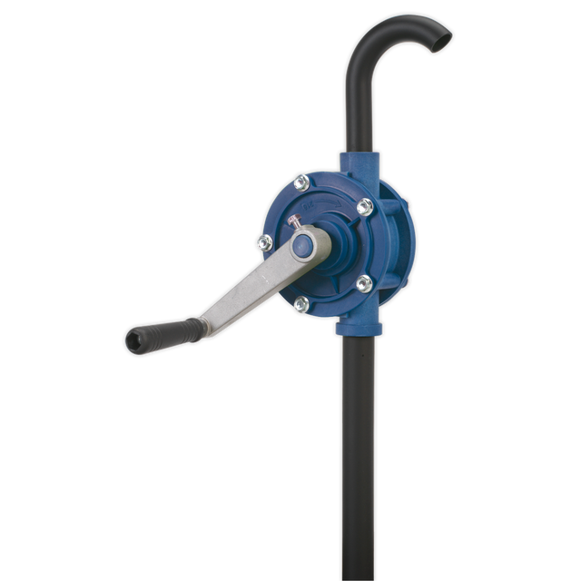 Image of the Sealey TP57 Rotary Pump Heavy-Duty - AdBlue®, featuring a blue Polypropylene body, a black curved spout, and a metal handle. The pump, ideal for AdBlue transfer, is mounted on a vertical black pipe and equipped with a 2" BSP connector.