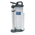 This image showcases the Sealey Vacuum Oil & Fluid Extractor Manual 9L - TP6901, featuring a vertical cylindrical container, T-shaped handle, and foot pedal at the base, ideal for engine oil extraction.