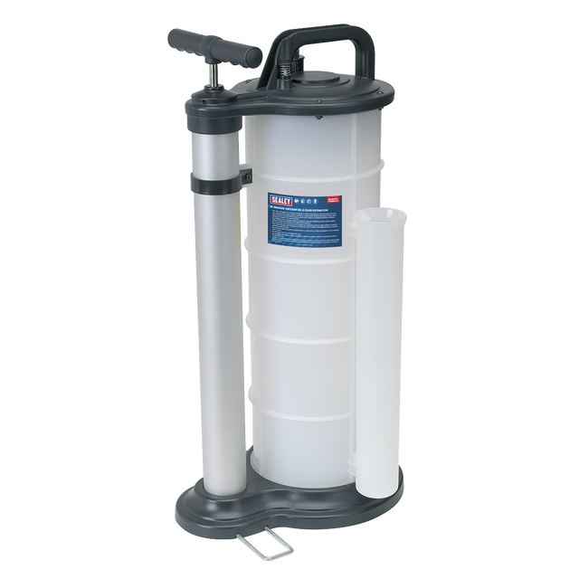 This image showcases the Sealey Vacuum Oil & Fluid Extractor Manual 9L - TP6901, featuring a vertical cylindrical container, T-shaped handle, and foot pedal at the base, ideal for engine oil extraction.