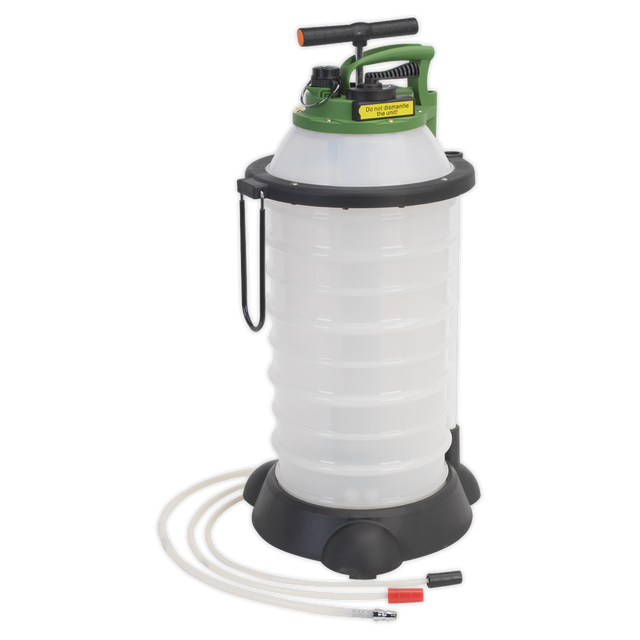 The Sealey Vacuum Oil & Fluid Extractor & Discharge 18L - TP6906 is a white device with an 18-liter capacity, showcasing a green handle and a black base. It includes attached hoses for precise discharge control.