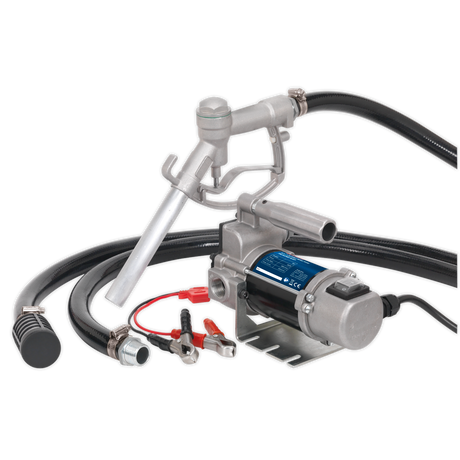 This image shows a Sealey Diesel/Fluid Transfer Pump Portable 12V - TP96 with hoses, a nozzle, and alligator clamps.