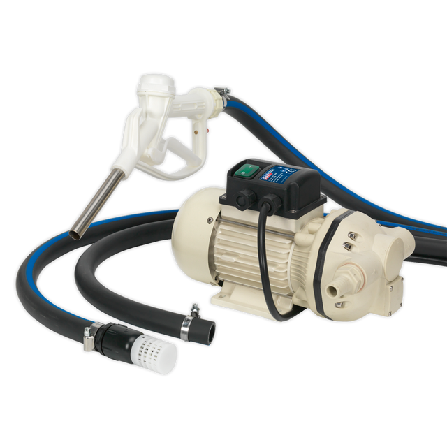 Image of the Sealey AdBlue® Transfer Pump Portable 230V - TP99230, equipped with a hose, nozzle, and filter, commonly used for transferring liquids such as fuel.