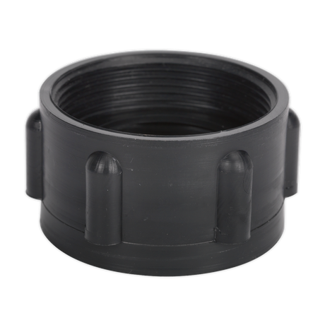 The Sealey Drum Adaptor Ø61mm DIN 61/31 - TPA07 is a black plastic fitting with a cylindrical shape and multiple protruding tabs around its exterior, designed specifically as a polypropylene drum adaptor for a perfect BSP thread connection.