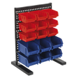The Sealey Bin Storage System Bench Mounting 15 Bin - TPS1569 is a black metal workbench parts storage system that features three rows of red plastic bins on top and two rows of blue plastic bins at the bottom, making it ideal for organizing small components.