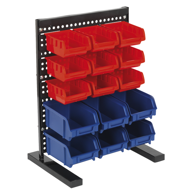 The Sealey Bin Storage System Bench Mounting 15 Bin - TPS1569 is a black metal workbench parts storage system that features three rows of red plastic bins on top and two rows of blue plastic bins at the bottom, making it ideal for organizing small components.