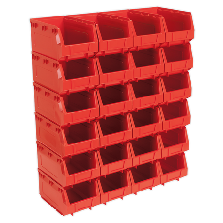 A 5x4 grid of Sealey Plastic Storage Bins (product code: TPS324R), each measuring 150 x 240 x 130mm and made from shockproof polymer, used to organize and hold small items.