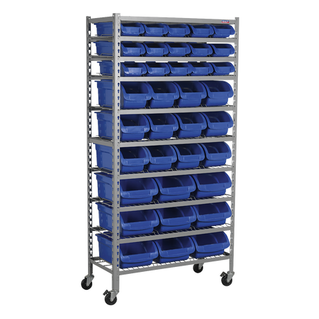 A Sealey Mobile Bin Storage System 36 Bins - TPS36 featuring multiple shelves and heavy-duty castors for easy mobility, complete with numerous blue storage bins.
