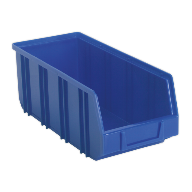 The Plastic Storage Bin Deep 145 x 335 x 125mm in blue from Sealey, made from shockproof polymer and featuring an open front and ribbed sides, is perfect for organization and easy access to contents. Available in a pack of 16 (TPS3D).