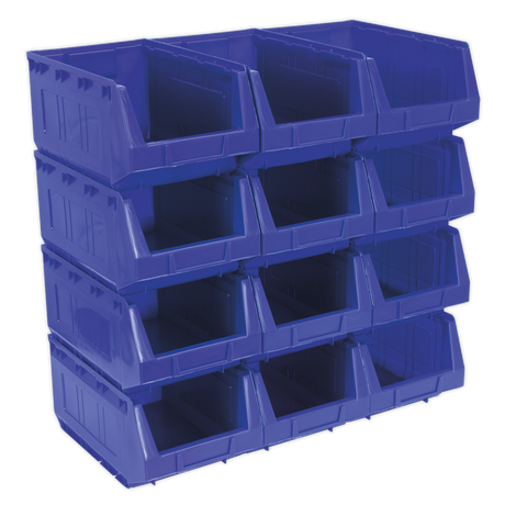 A 3x3 grid of nine Sealey Plastic Storage Bins (210 x 355 x 165mm, TPS412B) in blue, made from shockproof polymer with open fronts for easy access.