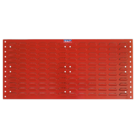 A Sealey Steel Louvre Panel, measuring 1000 x 500mm and sold in a pack of two, featuring multiple slots and holes for tool organization, crafted from epoxy powder-coated steel and mounted on a black frame.