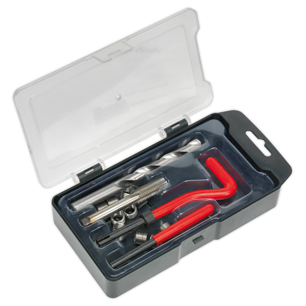 Open the Sealey Thread Repair Kit M10 x 1.5mm - TRM10, which features a clear-lid tool case containing drill bits, a threading tap, and red-handled allen wrenches for repairing damaged threads.