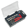 The Sealey Thread Repair Kit M8 x 1.25mm - TRM8 is a plastic case containing a comprehensive set of tools for repairing damaged threads, including drill bits, thread inserts for creating stronger internal threads, a tap, and two red-handled hex keys.