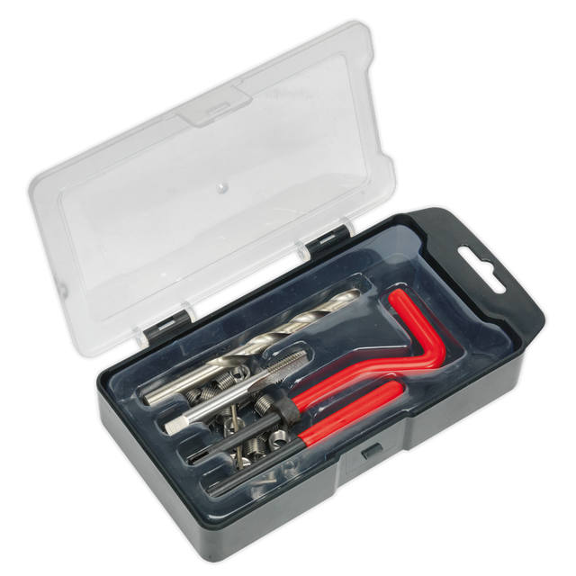 The Sealey Thread Repair Kit M8 x 1.25mm - TRM8 is a plastic case containing a comprehensive set of tools for repairing damaged threads, including drill bits, thread inserts for creating stronger internal threads, a tap, and two red-handled hex keys.