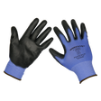 A pack of six pairs of Sealey Lightweight Precision Grip Gloves (Large), product code TSP117L/6, featuring both front and back views. These blue and black polyurethane-coated gloves with text and logo ensure superior dexterity for various tasks.