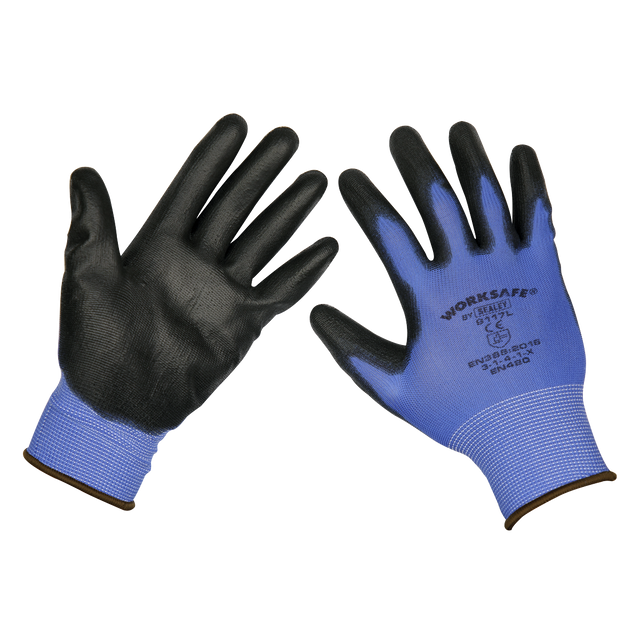A pack of six pairs of Sealey Lightweight Precision Grip Gloves (Large), product code TSP117L/6, featuring both front and back views. These blue and black polyurethane-coated gloves with text and logo ensure superior dexterity for various tasks.