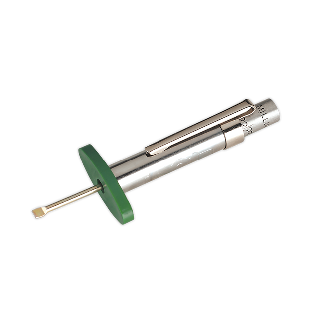 The Sealey Tyre Tread Depth Gauge DVSA Approved - TST/DG is a chrome tool with a square drive end, a green T-shaped handle, and a cylindrical, chromed steel body featuring a clip on the side.