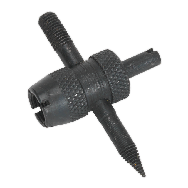 Close-up of the Sealey Tyre Valve Service Tool - TST/VT, showcasing its black metal body with a textured, cylindrical handle and two T-shaped grips for adjusting, all featuring a durable phosphate finish.