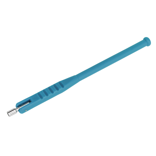 The Tyre Valve Installer - Alloy Rims - TST04 by Sealey features a blue handle and an extendable metal rod, making it ideal for handling small metallic objects while working on tubeless wheels.