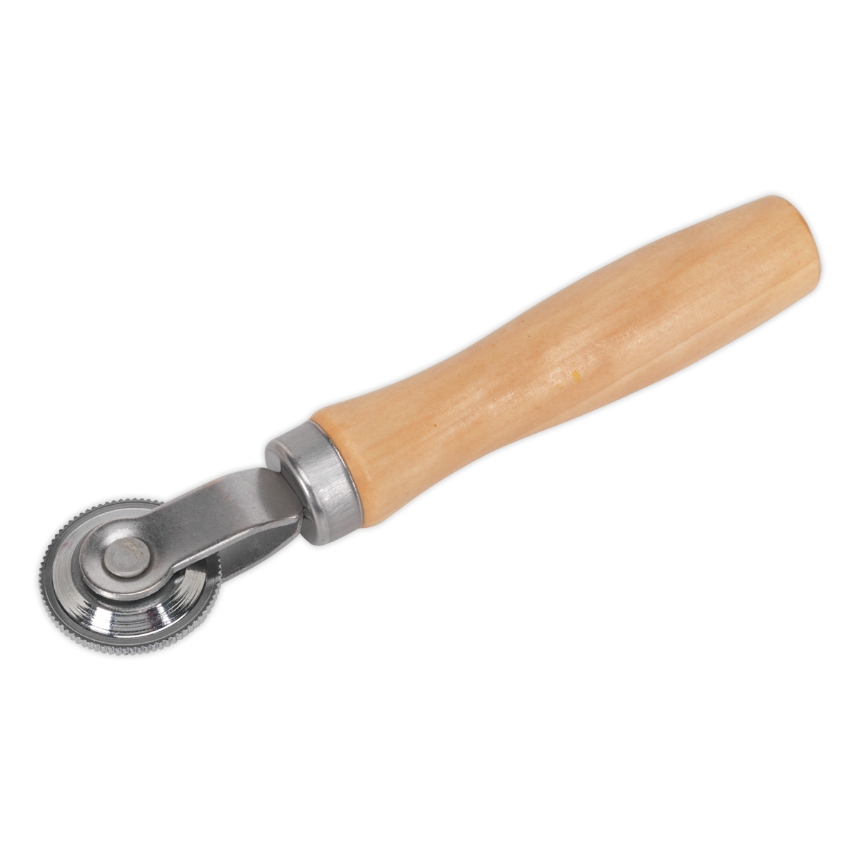 The Patch Stitch Roller - TST15 by Sealey features a wooden handle and a metal circular blade, perfect for ensuring smooth slices every time.