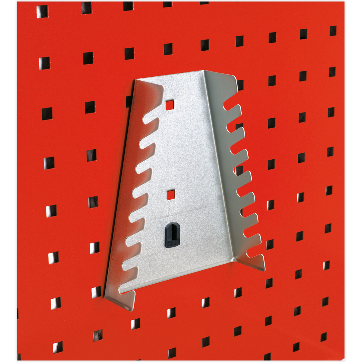 A Spanner Holder for 8 Spanners - TTS26 by Sealey attached to a red PerfoWall panel with evenly spaced square holes.