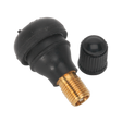 A black and brass-colored Sealey Tyre Valve Tubeless Snap-in Type TR412, including a matching black cap.