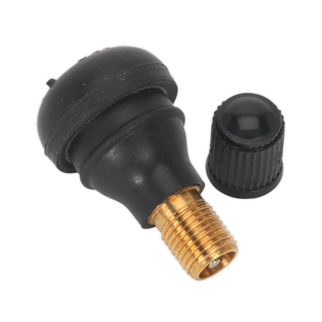 A black and brass-colored Sealey Tyre Valve Tubeless Snap-in Type TR412, including a matching black cap.