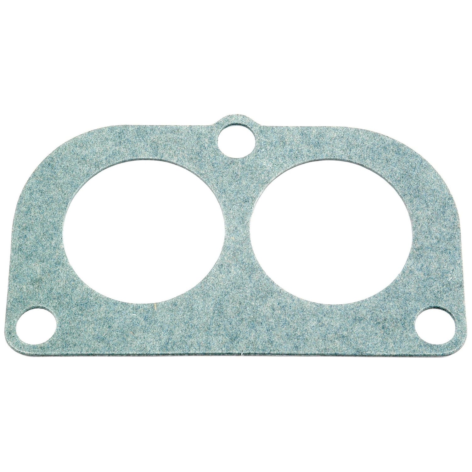 A flat, rectangular gasket with two large circular openings and three smaller circular holes, made of a greenish-blue material, ideal for John Deere engine parts. This product is known as the Thermostat Gasket | Sparex Part No.S.58815, manufactured by Sparex.