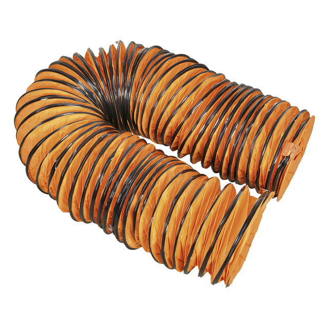 An orange flexible ventilation duct with black rings, coiled in a loose loop on a white background, exemplifies the Sealey Flexible Ducting Ø300mm 10m - VEN300AK2's signature design that seamlessly blends durability and efficiency.