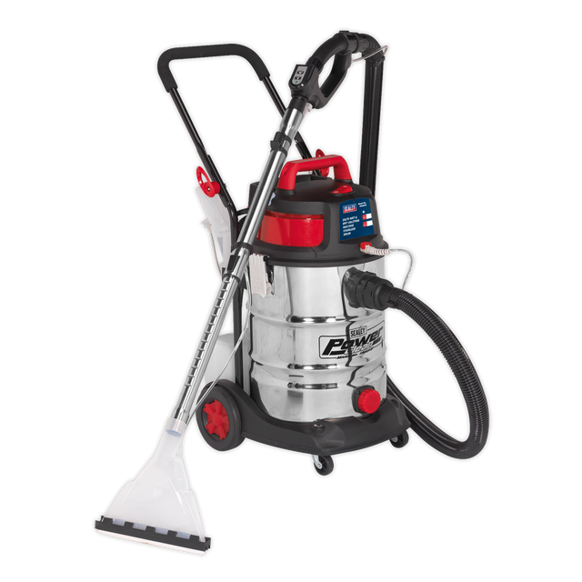 The Sealey Valet Machine Wet & Dry 30L Stainless Drum - VMA915 is a high-powered wet-dry vacuum cleaner, featuring a silver, red, and black design. It comes equipped with an attached hose and a clear, flat nozzle. This machine boasts a large 30-liter capacity drum and is mounted on wheels for easy mobility. For added convenience, it offers remote operation controls.