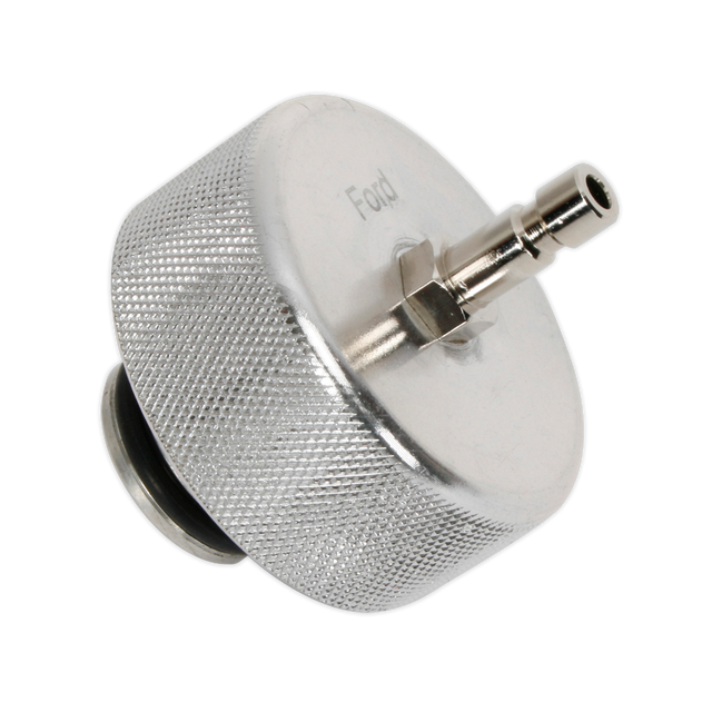 Image of the Coolant Pressure Test Cap - Ford/Volvo - VS006F by Sealey, featuring a knurled body and nozzle for attachment, showcasing the precision typical of testing equipment.