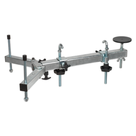 Introducing the Sealey Under Vehicle Engine/Gearbox Support - VS0110, a metal tool with a T-shaped structure, adjustable clamps, and a round black pad for stabilization, ideal for gearbox support.
