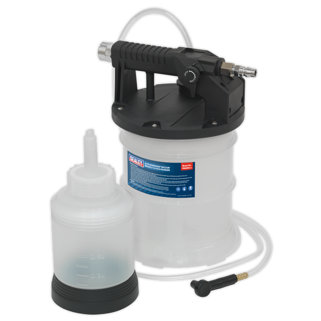The Sealey Workshop Vacuum Brake & Clutch Bleeder 2L - VS0203, featuring a large white container with a black handle and an attached hose, as well as an additional smaller white bottle with measurement markings, includes a convenient bleed screw for efficient use.