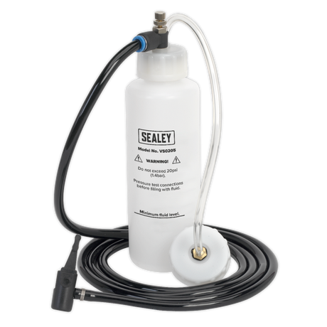 Image of the Sealey Automatic Brake & Clutch Bleeder - VS0205. The unit features a white fluid container with attached black hoses and a clear hose with a round adapter at the end, designed for efficient brake and clutch bleeding, including ABS systems.