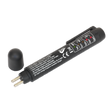 The Sealey Pocket Brake Fluid Tester - VS0274, a black device, comes with two metal probes and indicator lights, plus an easy-to-read LED display. It also features a removable cap that is conveniently placed beside it.