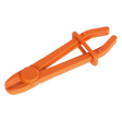 The Sealey Hose Pinch Tool Composite Small - Brake/Fuel Hoses - VS030 is an orange plastic clamp made from glass-reinforced nylon. It features a clamping mechanism and curved handles, designed specifically for pinching hoses or tubing. Its smooth jaw edges ensure a secure grip, and its high-visibility design makes it easy to spot in any toolbox.