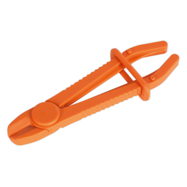 The Sealey Hose Pinch Tool Composite Small - Brake/Fuel Hoses - VS030 is an orange plastic clamp made from glass-reinforced nylon. It features a clamping mechanism and curved handles, designed specifically for pinching hoses or tubing. Its smooth jaw edges ensure a secure grip, and its high-visibility design makes it easy to spot in any toolbox.