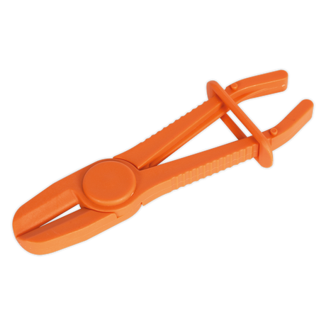 The Sealey Hose Pinch Tool Composite Medium - Heater Hoses - VS031 features a durable orange plastic design with a round central joint and ribbed handles, made from non-conductive nylon for safe use.