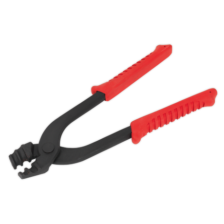The Sealey Brake Pipe Bending Pliers - VS0341 feature red and black soft grip handles and forged steel jaws, ideal for pressing and securing connectors onto cables.