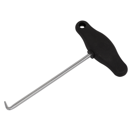Image of the Sealey Brake Shoe Spring Hook Tool - VS0351, featuring a T-shaped design with a black plastic handle and a metal rod with a bent hook at the end, made from heat-treated alloy steel.
