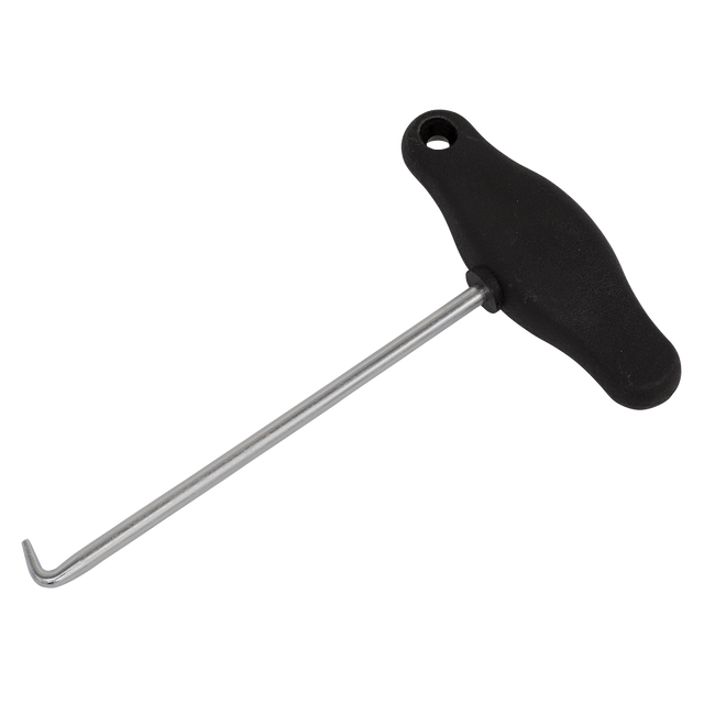 Image of the Sealey Brake Shoe Spring Hook Tool - VS0351, featuring a T-shaped design with a black plastic handle and a metal rod with a bent hook at the end, made from heat-treated alloy steel.